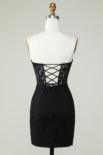 Bodycon Sweetheart Black Corset Short Cocktail Dress with Appliques